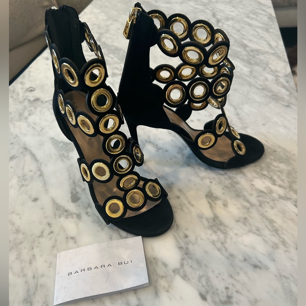 Barbara Bui Black Suede High Heels with Gold Eyelet Rings - Picture 3 of 5